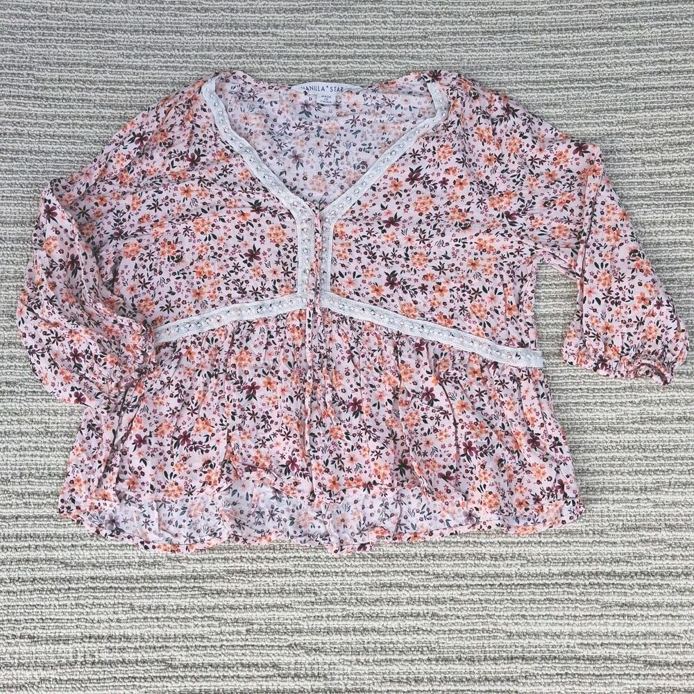 VANILLA STAR XL PINK FLORAL BOHO PEPLUM TOP LACE TRIM 3/4 SLEEVE V-NECK BLOUSE